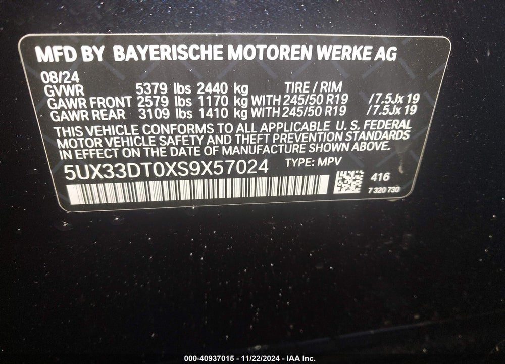 2025 BMW X4 XDRIVE30I VIN: 5UX33DT0XS9X57024