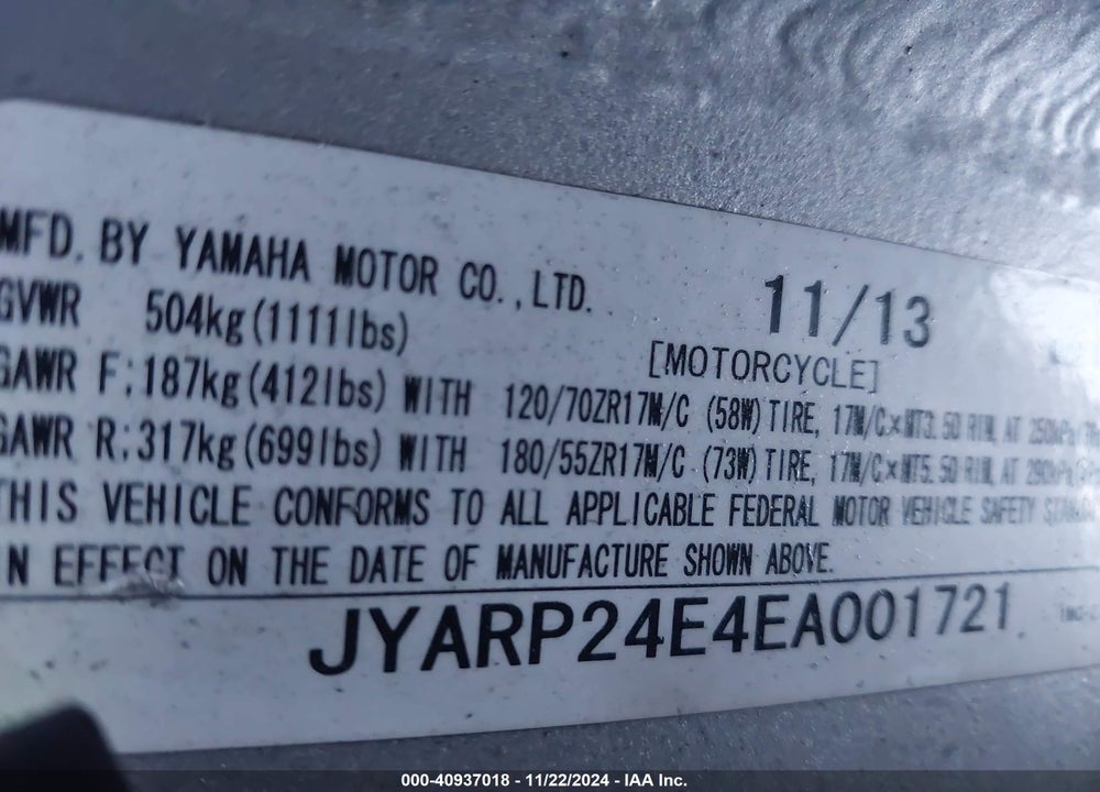 2014 YAMAHA FJR1300 A VIN: JYARP24E4EA001721
