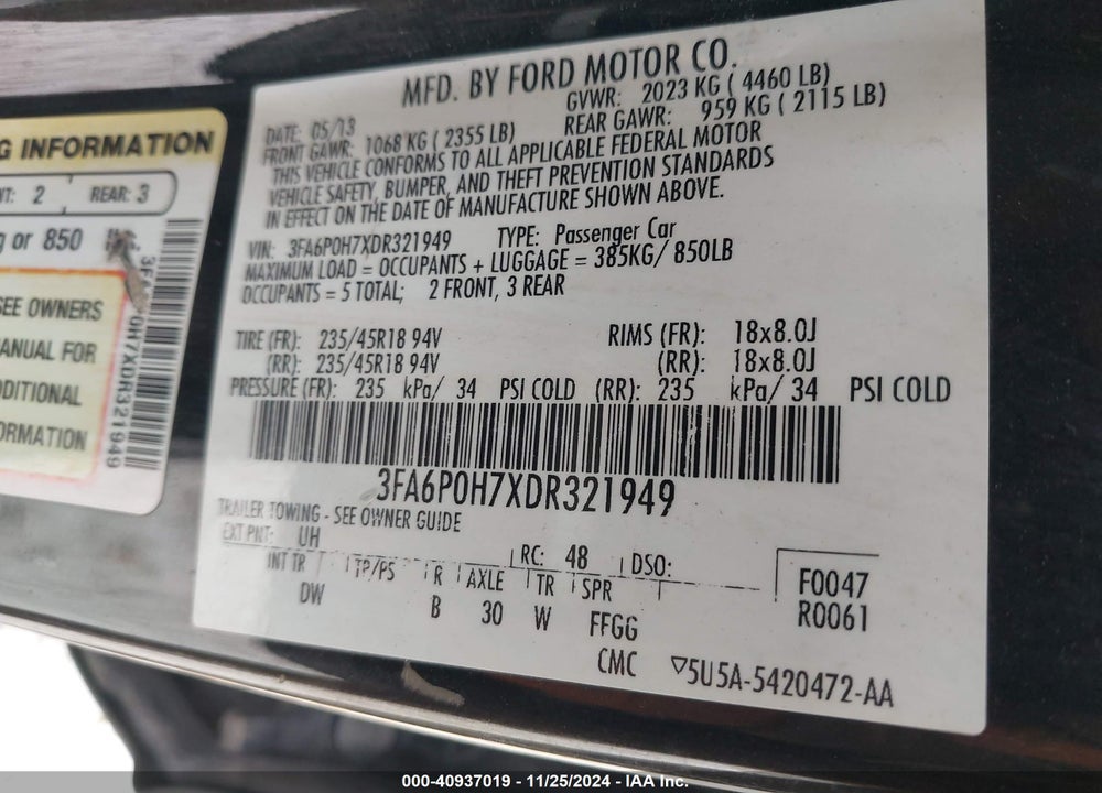 2013 FORD FUSION SE VIN: 3FA6P0H7XDR321949