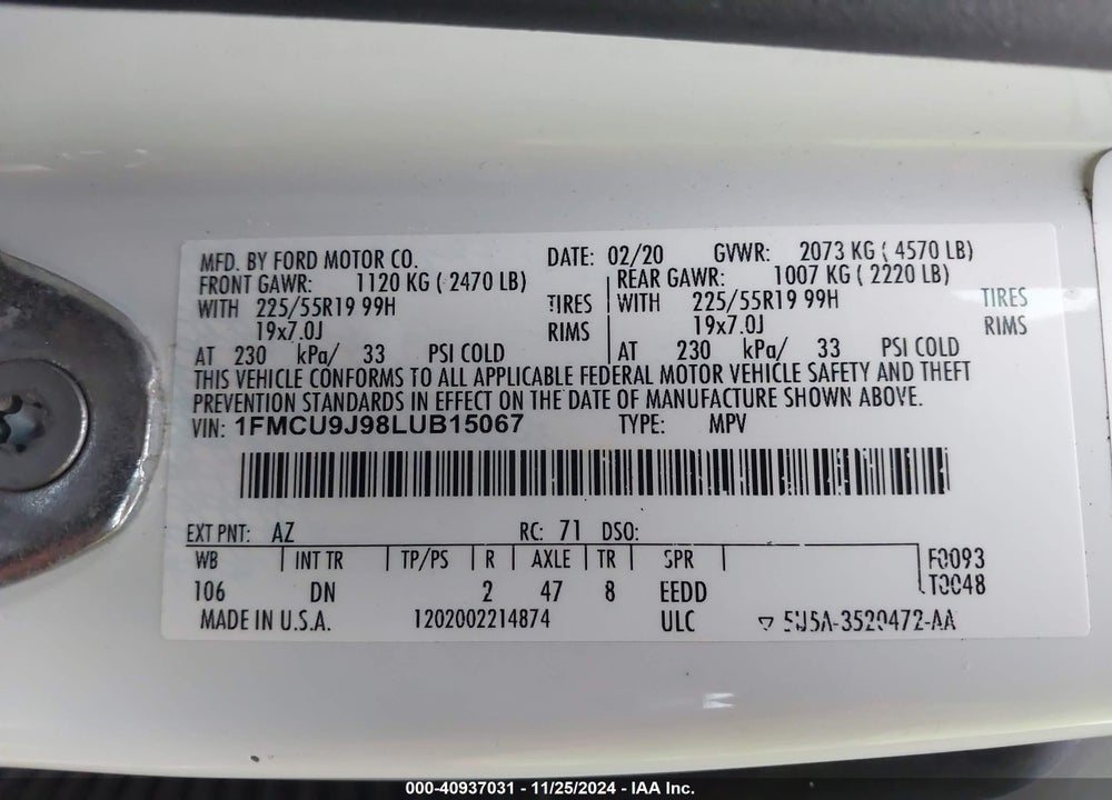 2020 FORD ESCAPE TITANIUM VIN: 1FMCU9J98LUB15067