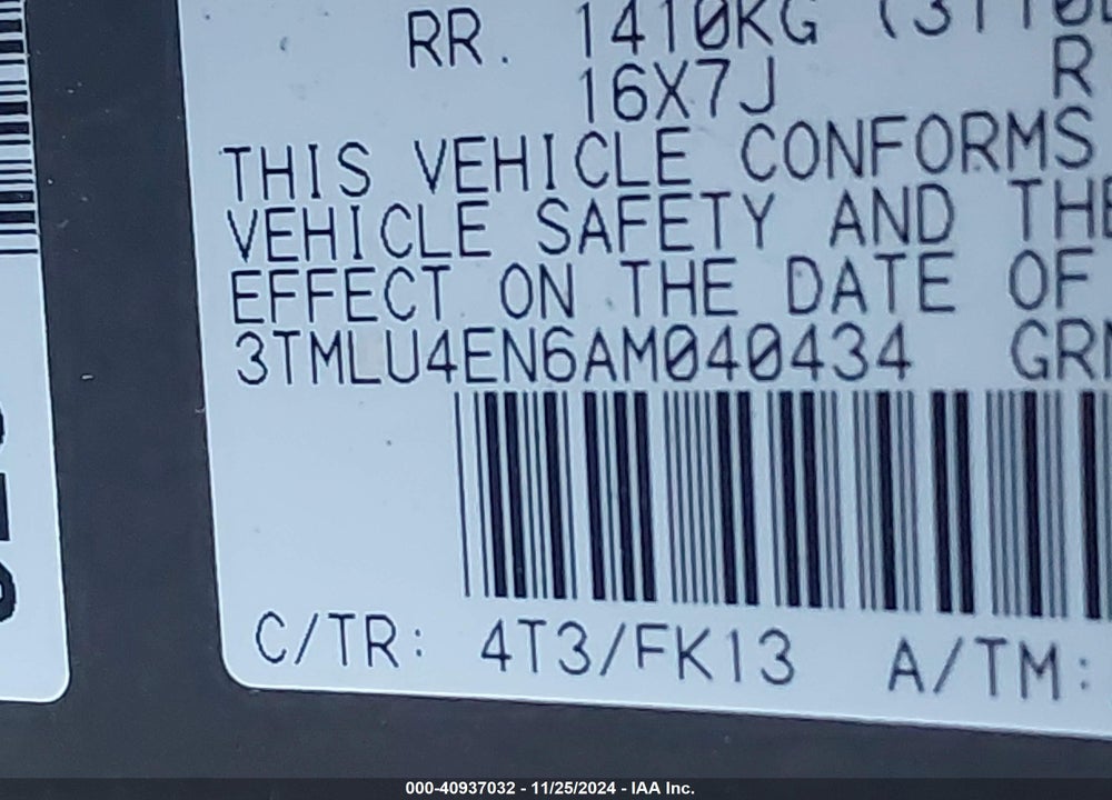 2010 TOYOTA TACOMA BASE V6 VIN: 3TMLU4EN6AM040434