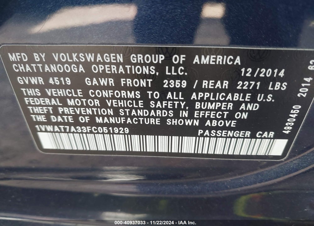 2015 VOLKSWAGEN PASSAT 1.8T WOLFSBURG EDITION VIN: 1VWAT7A33FC051929