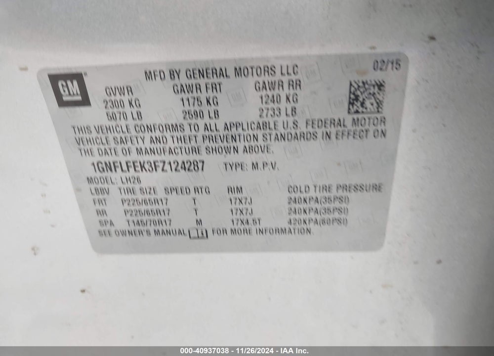 2015 CHEVROLET EQUINOX 1LT VIN: 1GNFLFEK3FZ124287