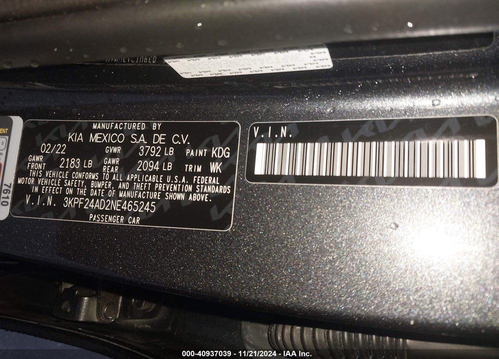 2022 KIA FORTE VIN: 3KPF24AD2NE465245