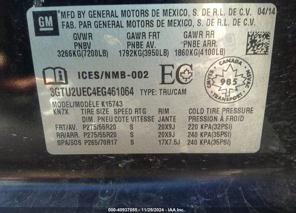 2014 GMC SIERRA 1500 SLE VIN: 3GTU2UEC4EG461064