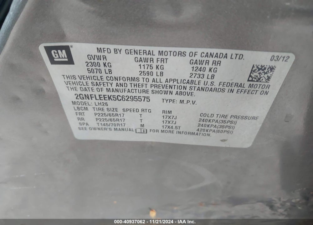 2012 CHEVROLET EQUINOX 1LT VIN: 2GNFLEEK5C6295575