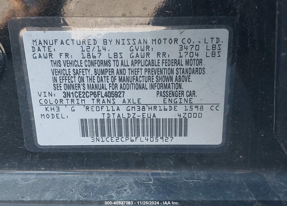 2015 NISSAN VERSA NOTE S (SR)/S PLUS/SL/SR/SV VIN: 3N1CE2CP6FL405927