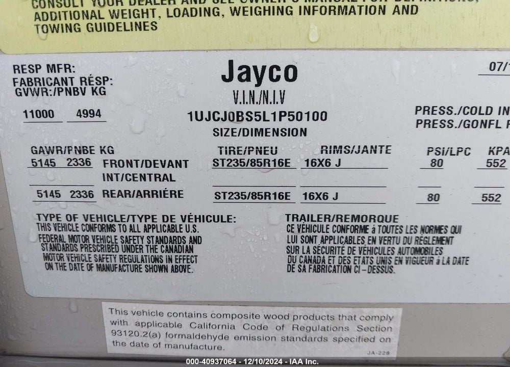 2020 JAYCO OTHER VIN: 1UJCJ0BS5L1P50100
