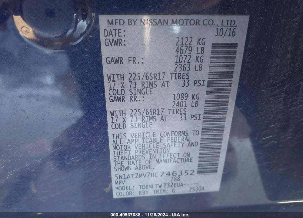 2017 NISSAN ROGUE SV VIN: 5N1AT2MV7HC746352