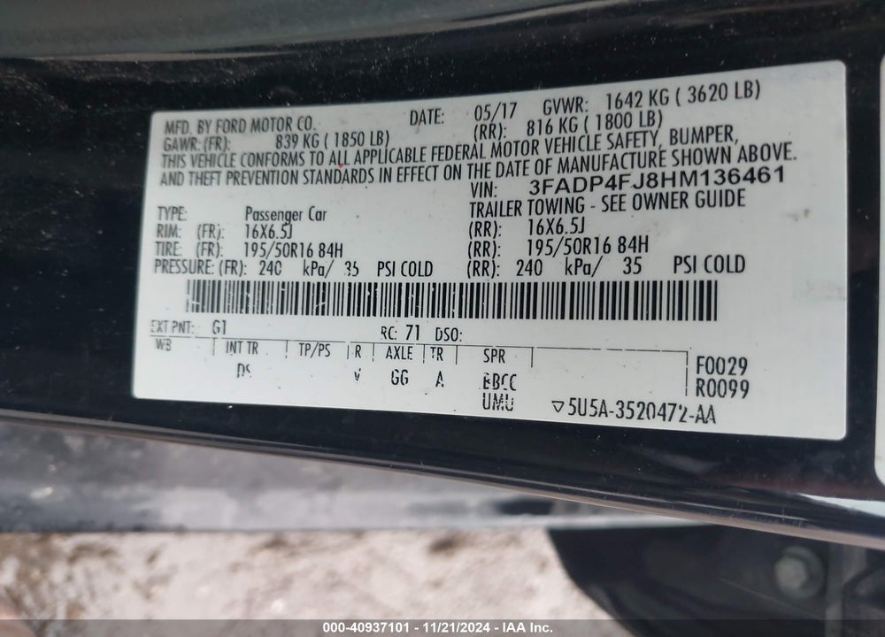 2017 FORD FIESTA TITANIUM VIN: 3FADP4FJ8HM136461