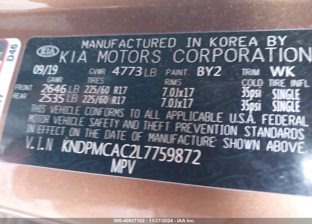 2020 KIA SPORTAGE LX VIN: KNDPMCAC2L7759872