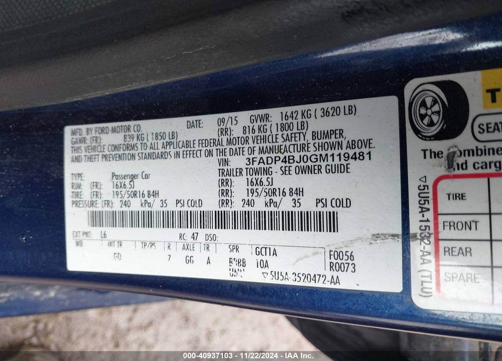 2016 FORD FIESTA SE VIN: 3FADP4BJ0GM119481