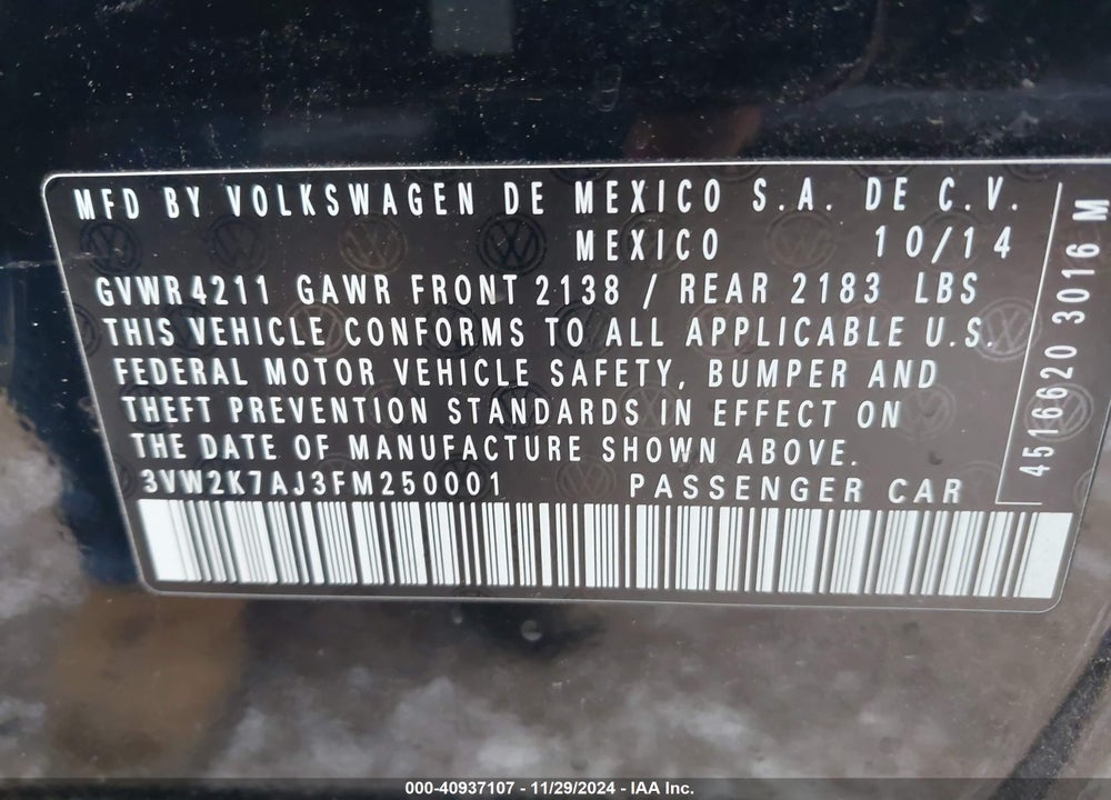 2015 VOLKSWAGEN JETTA 2.0L S VIN: 3VW2K7AJ3FM250001