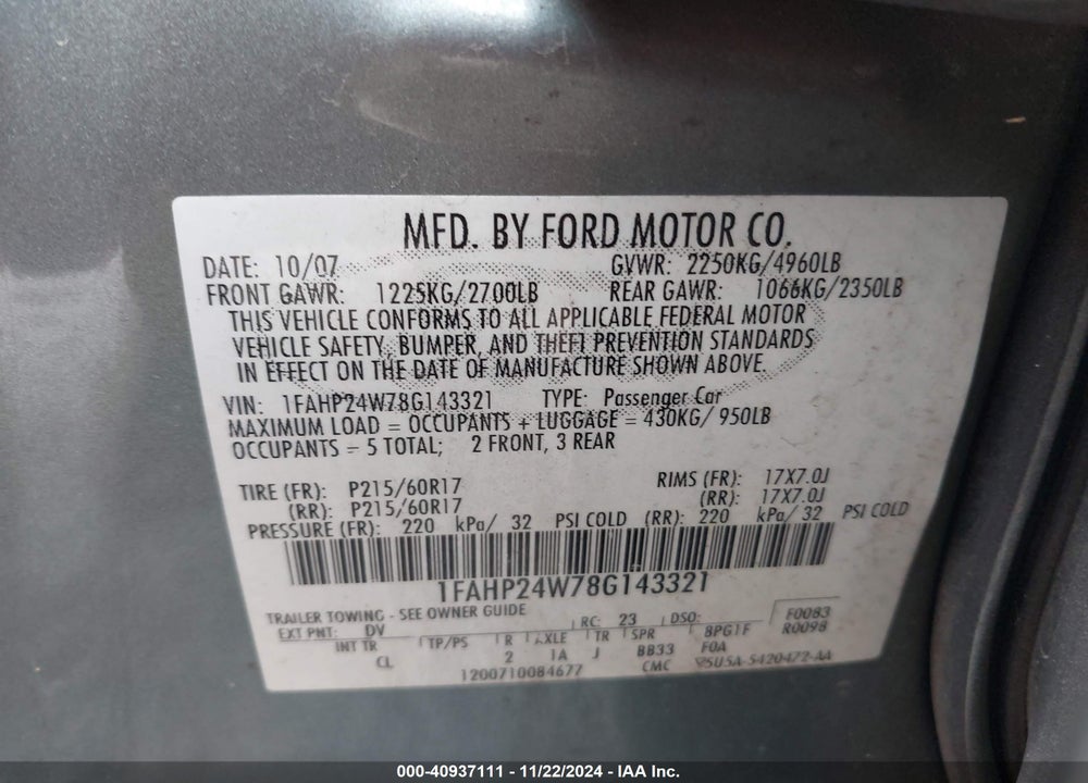 2008 FORD TAURUS SEL VIN: 1FAHP24W78G143321