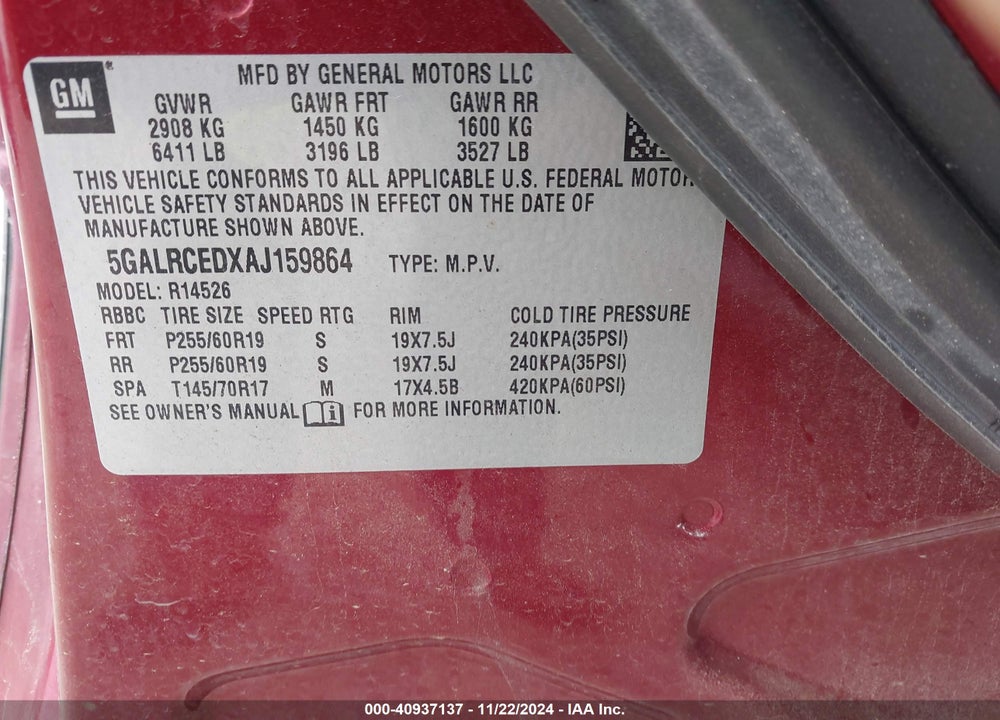 2010 BUICK ENCLAVE 2XL VIN: 5GALRCEDXAJ159864