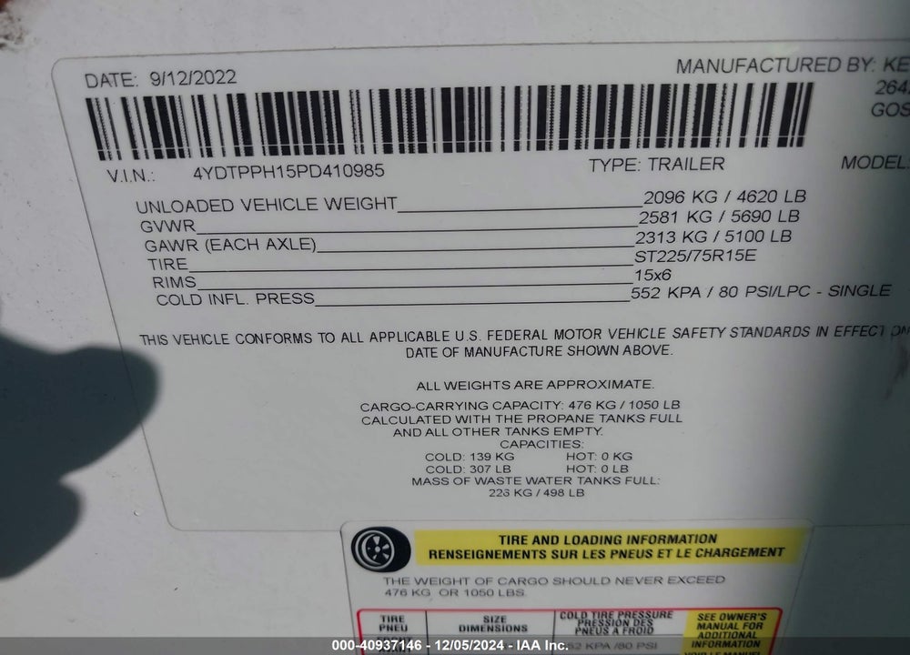 2023 KEYSTONE RV OTHER VIN: 4YDTPPH15PD410985