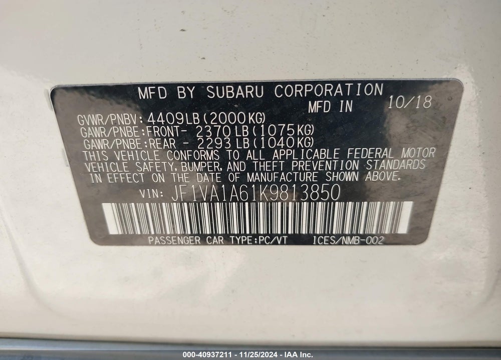 2019 SUBARU WRX VIN: JF1VA1A61K9813850