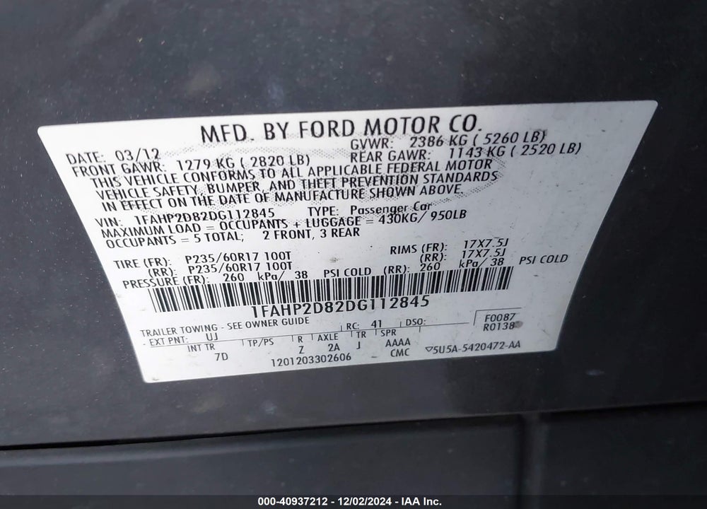 2013 FORD TAURUS SE VIN: 1FAHP2D82DG112845