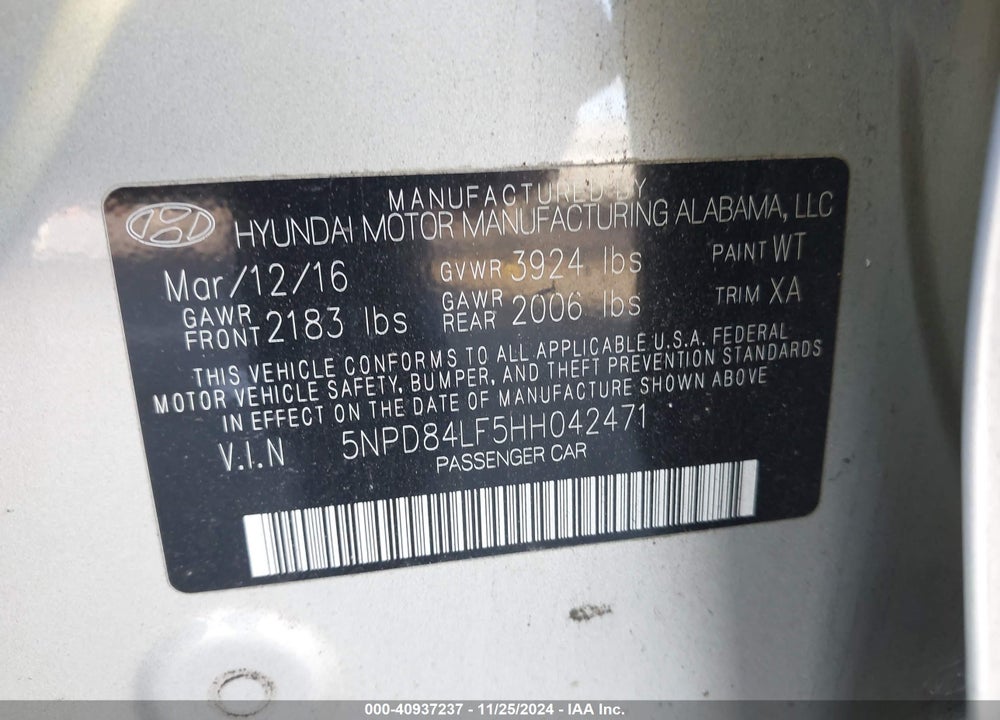 2017 HYUNDAI ELANTRA SE VIN: 5NPD84LF5HH042471