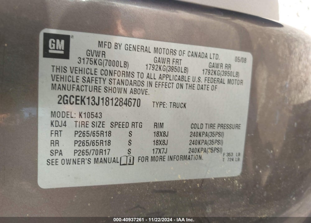 2008 CHEVROLET SILVERADO 1500 LTZ VIN: 2GCEK13J181284670