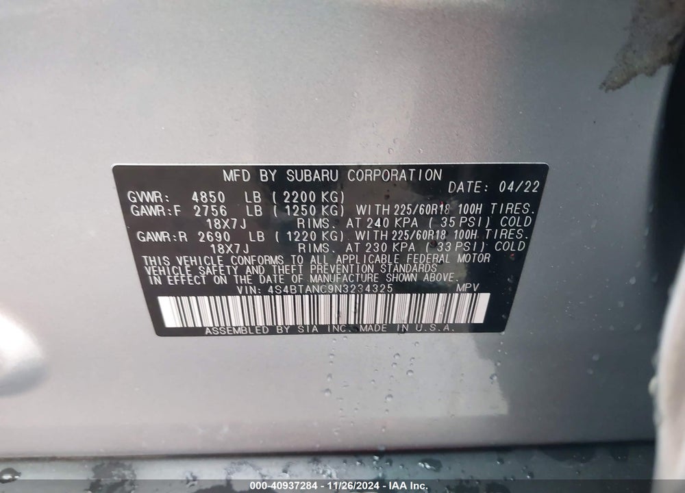 2022 SUBARU OUTBACK LIMITED VIN: 4S4BTANC9N3234325