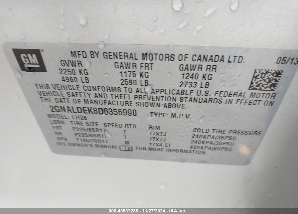 2013 CHEVROLET EQUINOX 1LT VIN: 2GNALDEK8D6356990