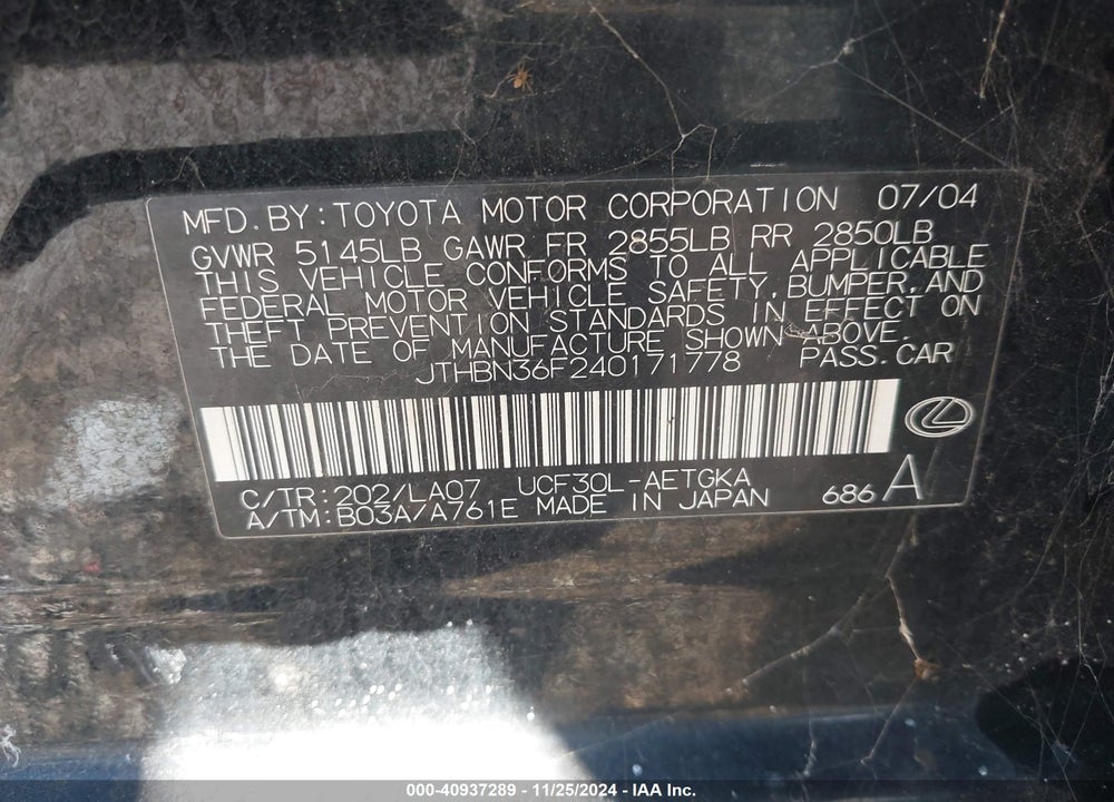 2004 LEXUS LS 430 VIN: JTHBN36F240171778
