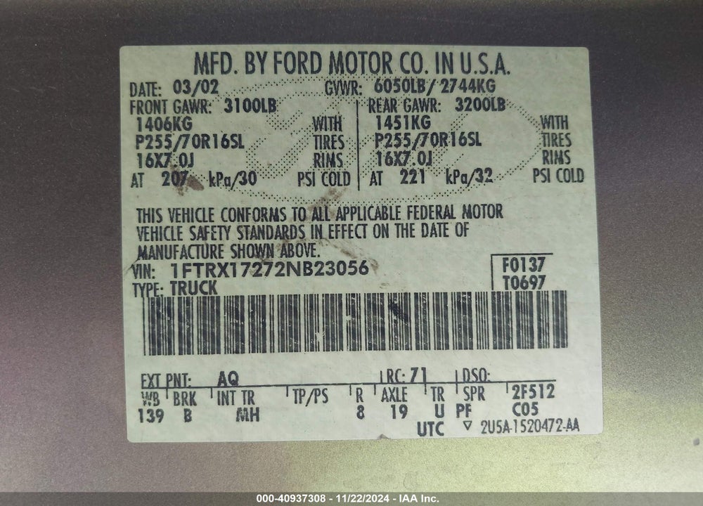 2002 FORD F-150 XL/XLT VIN: 1FTRX17272NB23056
