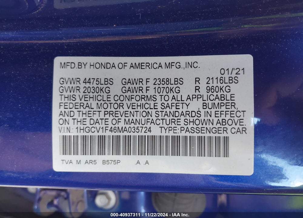2021 HONDA ACCORD SPORT SPECIAL EDITION VIN: 1HGCV1F46MA035724