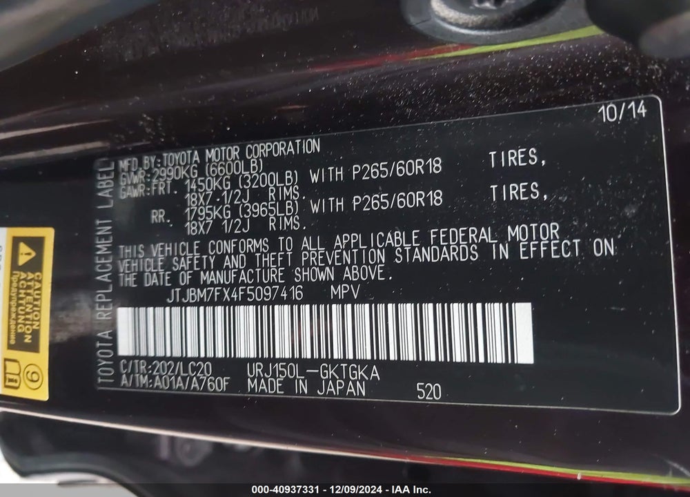 2015 LEXUS 460 VIN: JTJBM7FX4F5097416