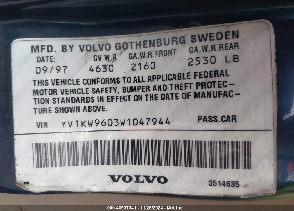 1998 VOLVO V90 VIN: YV1KW9603W1047944