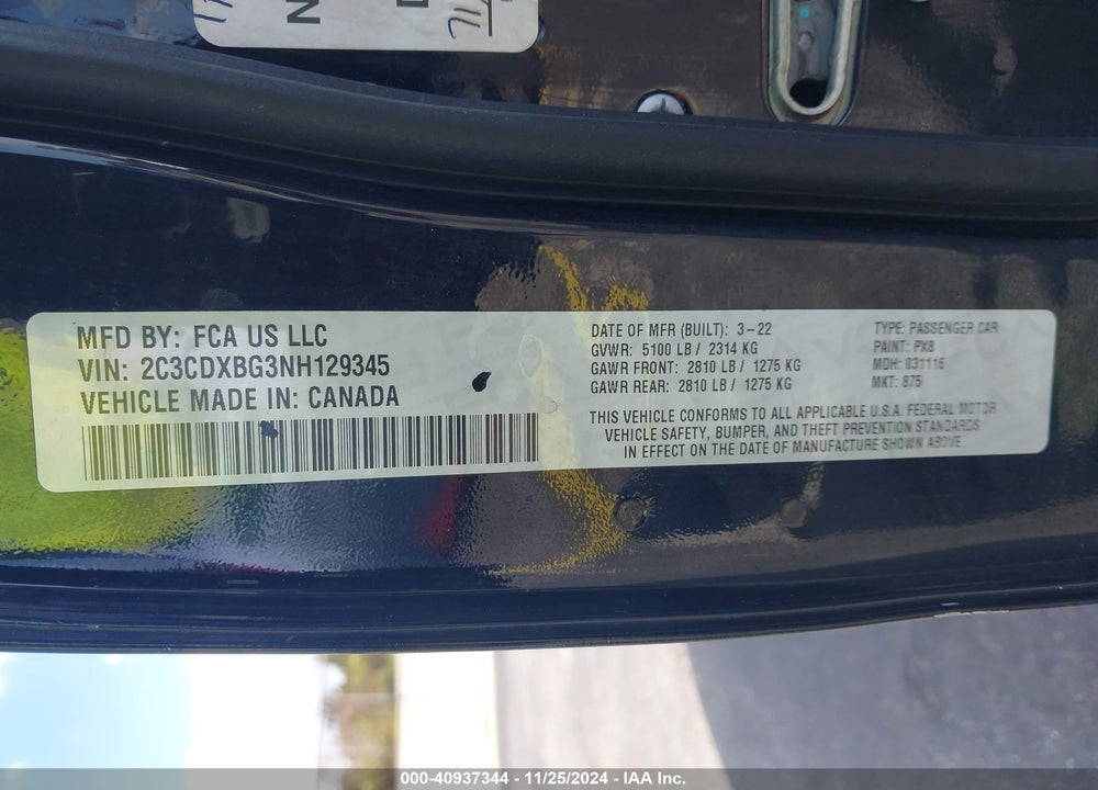 2022 DODGE CHARGER SXT RWD VIN: 2C3CDXBG3NH129345
