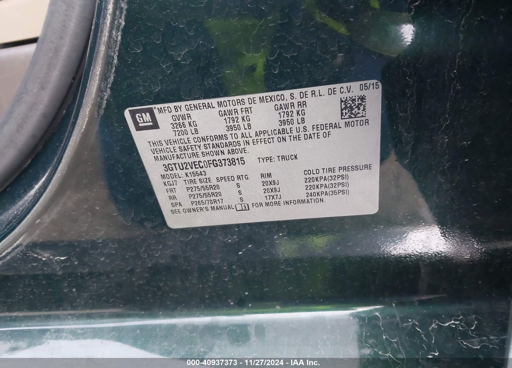 2015 GMC SIERRA 1500 SLT VIN: 3GTU2VEC0FG373815