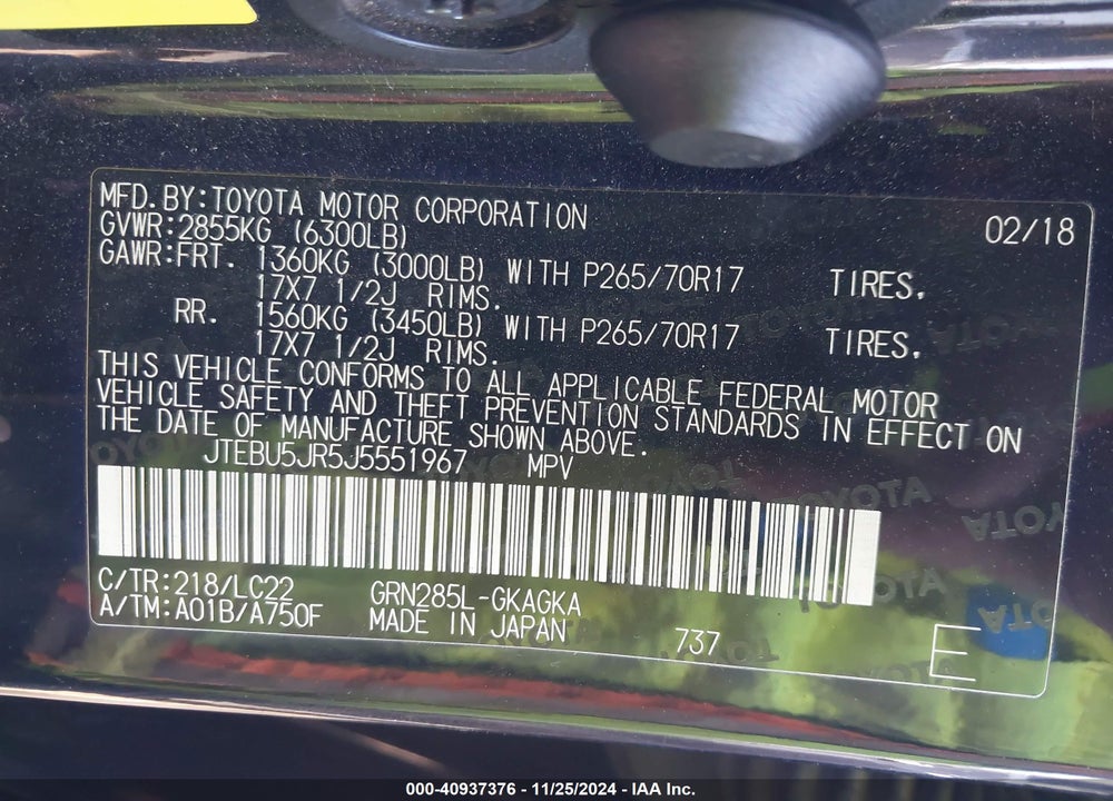 2018 TOYOTA 4RUNNER TRD OFF ROAD PREMIUM VIN: JTEBU5JR5J5551967