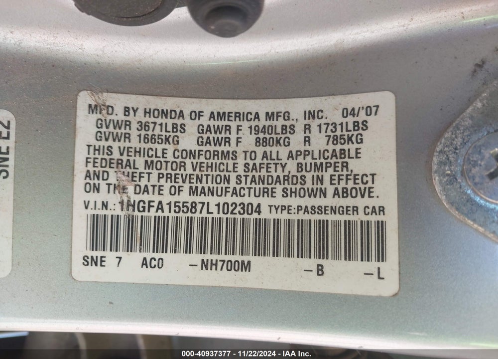 2007 HONDA CIVIC VIN: 1HGFA15587L102304