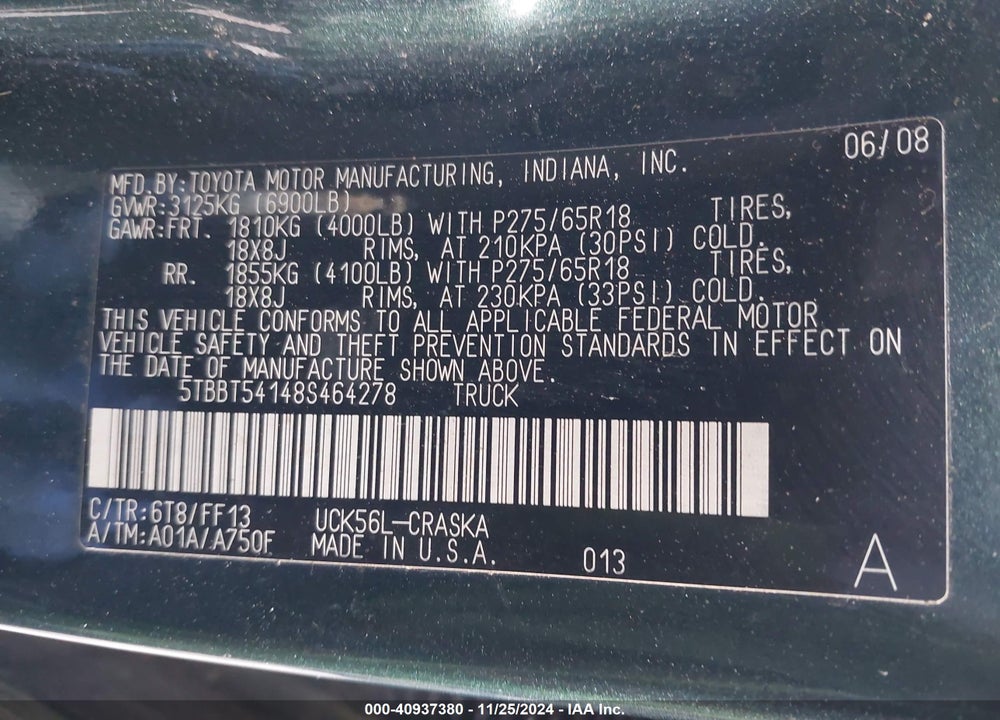 2008 TOYOTA TUNDRA VIN: 5TBBT54148S464278