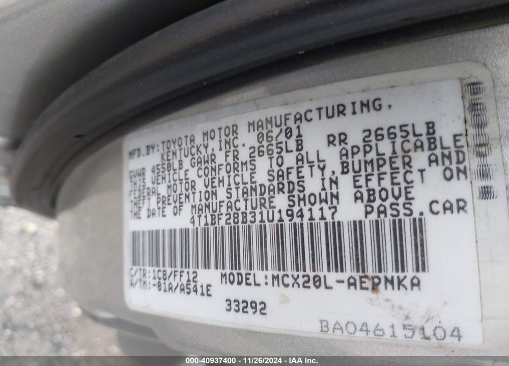 2001 TOYOTA AVALON XL VIN: 4T1BF28B31U194117