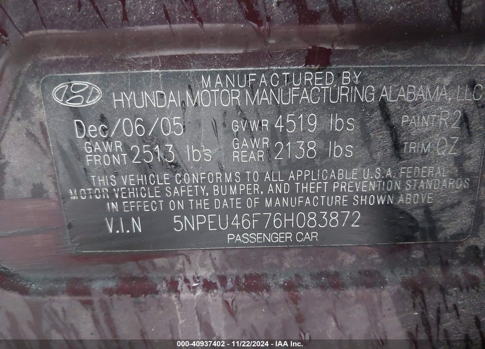 2006 HYUNDAI SONATA GLS V6/LX V6 VIN: 5NPEU46F76H083872