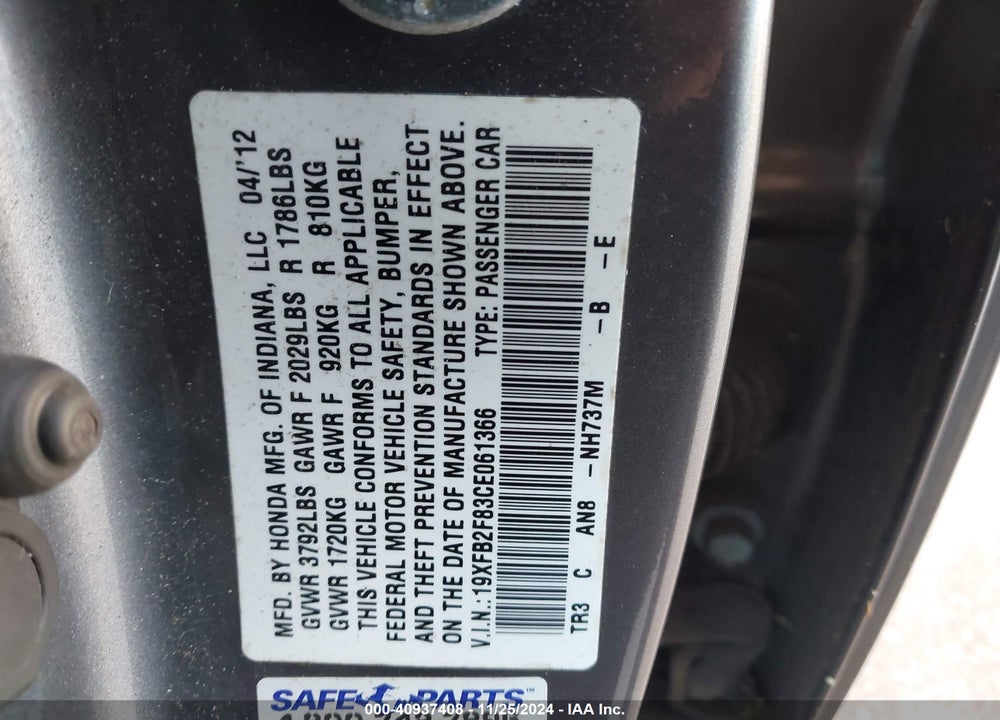 2012 HONDA CIVIC EX VIN: 19XFB2F83CE061366