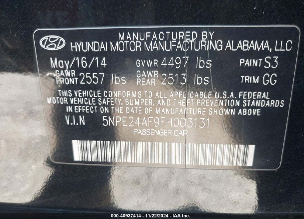 2015 HYUNDAI SONATA SE VIN: 5NPE24AF9FH003131
