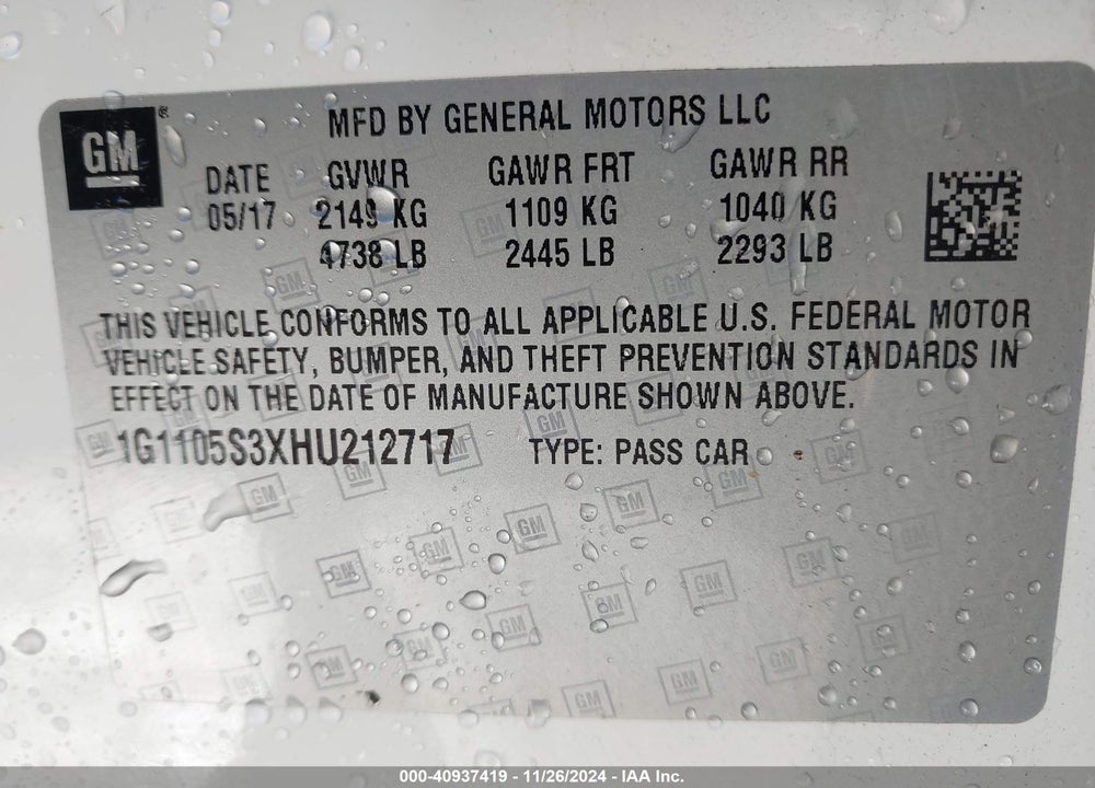 2017 CHEVROLET IMPALA 1LT VIN: 1G1105S3XHU212717