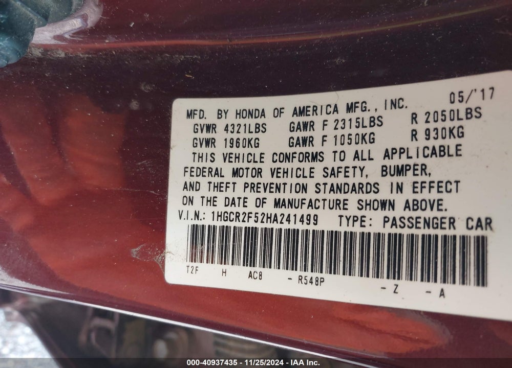 2017 HONDA ACCORD SPORT VIN: 1HGCR2F52HA241499