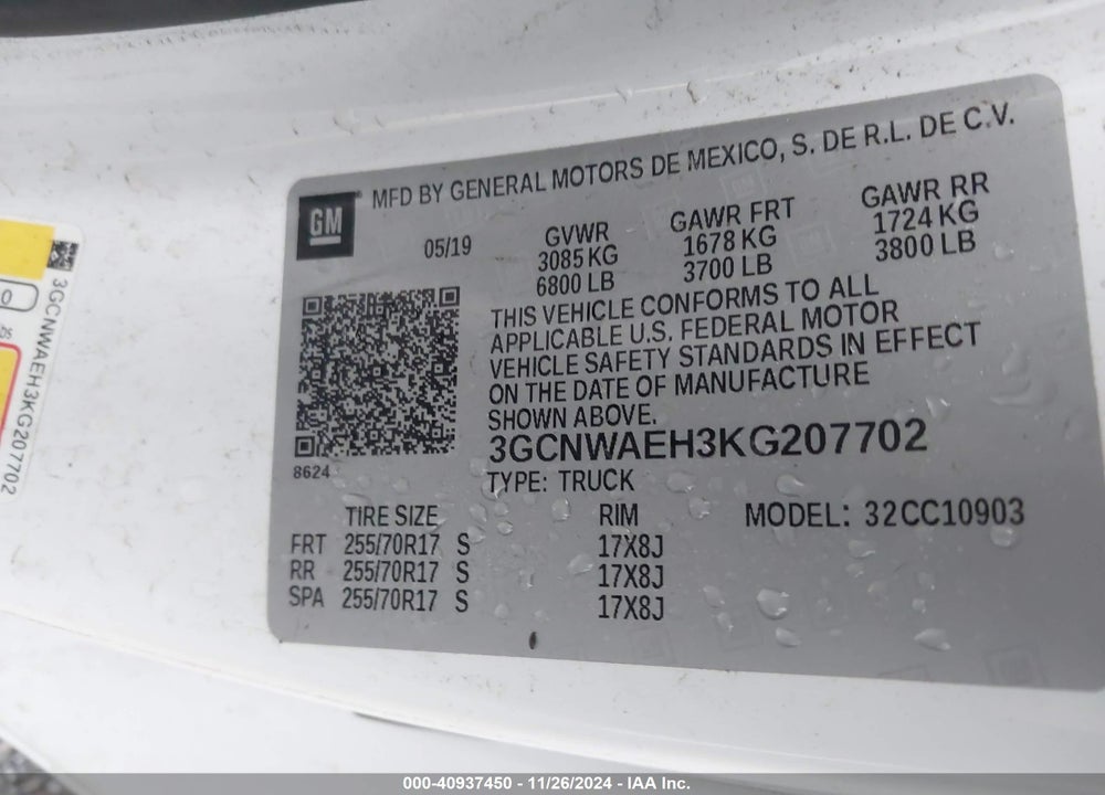 2019 CHEVROLET SILVERADO 1500 WORK TRUCK VIN: 3GCNWAEH3KG207702