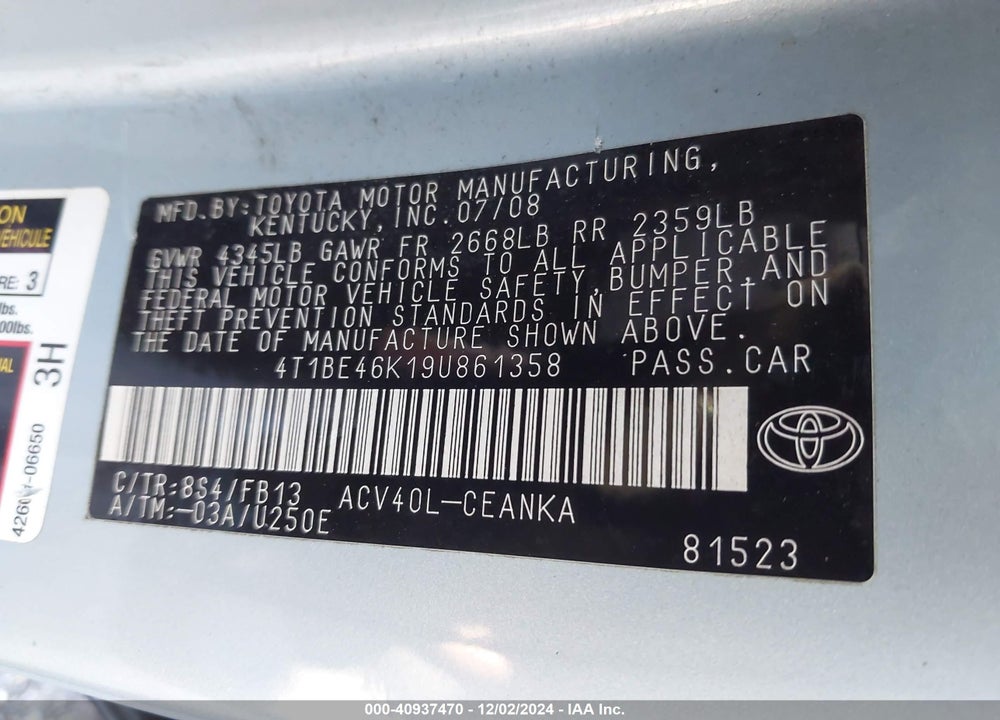 2009 TOYOTA CAMRY LE VIN: 4T1BE46K19U861358