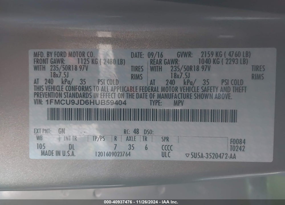 2017 FORD ESCAPE TITANIUM VIN: 1FMCU9JD6HUB59404