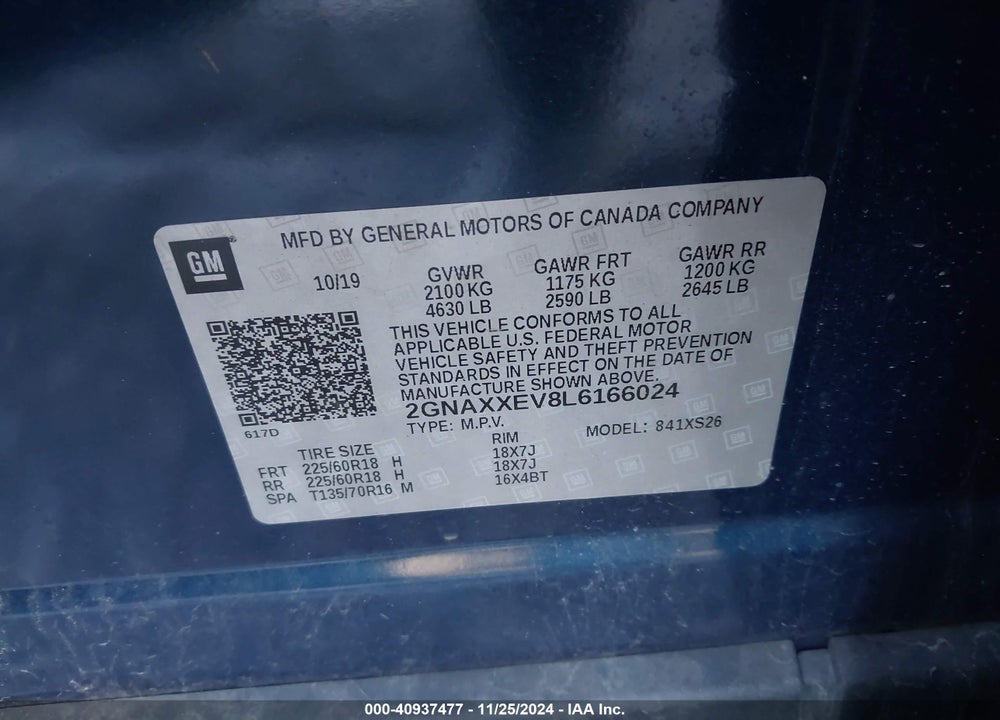 2020 CHEVROLET EQUINOX VIN: 2GNAXXEV8L6166024