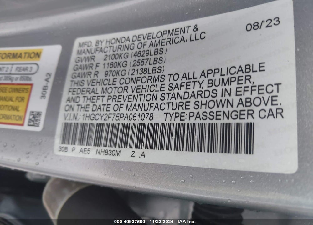 2023 HONDA ACCORD HYBRID SPORT-L VIN: 1HGCY2F75PA061078