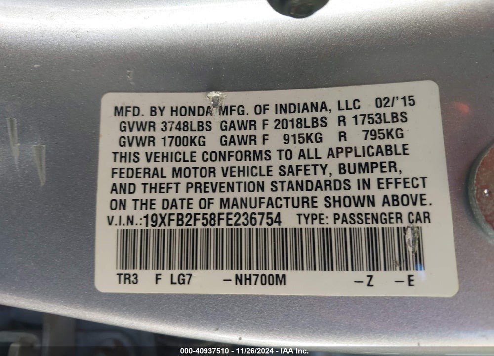 2015 HONDA CIVIC LX VIN: 19XFB2F58FE236754