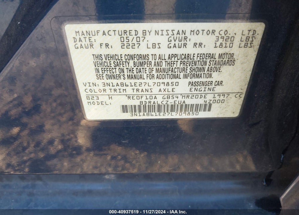 2007 NISSAN SENTRA 2.0 VIN: 3N1AB61E27L709850
