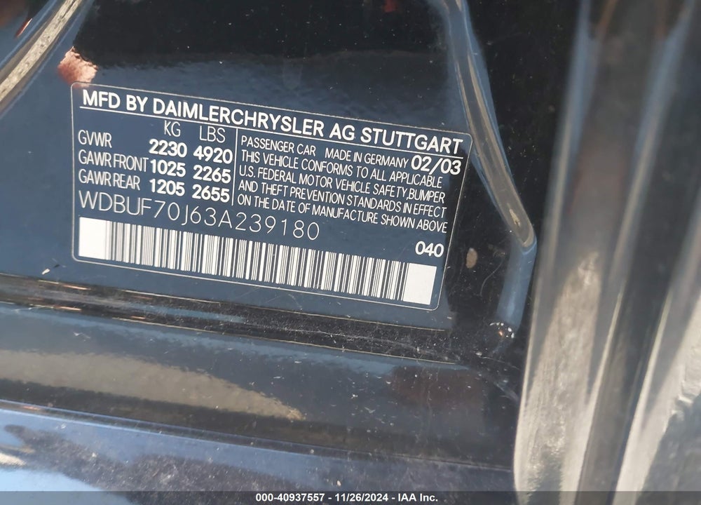 2003 MERCEDES-BENZ E 500 VIN: WDBUF70J63A239180